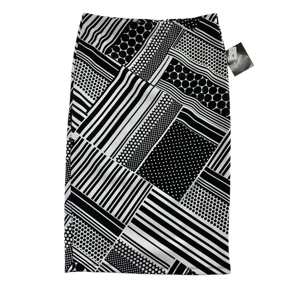 Jemma Geo‎ Print Skirt Womens Small Straight Pull On Knit Black White NWT Midi